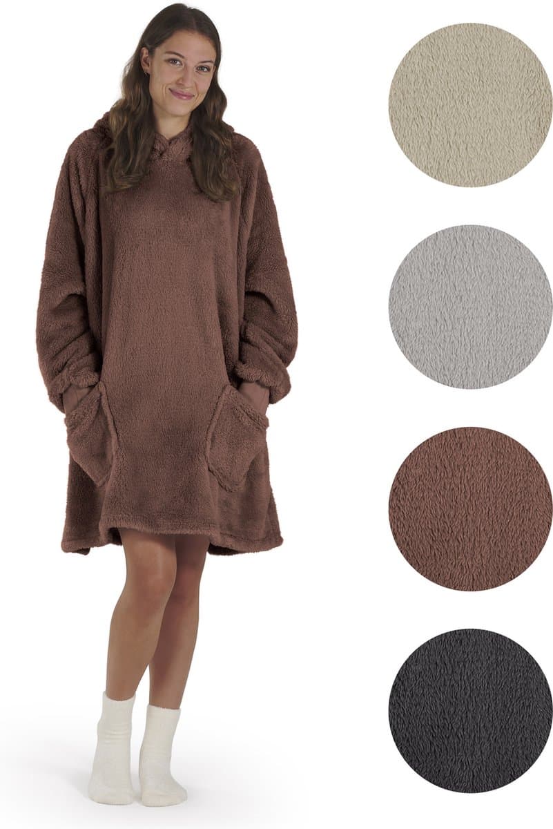 Blumtal Fleece Hoodie Deken met Mouwen - Draagbare cosy deken - hoodie deken met 2 voorzakken en capuchon - Large- Bruin