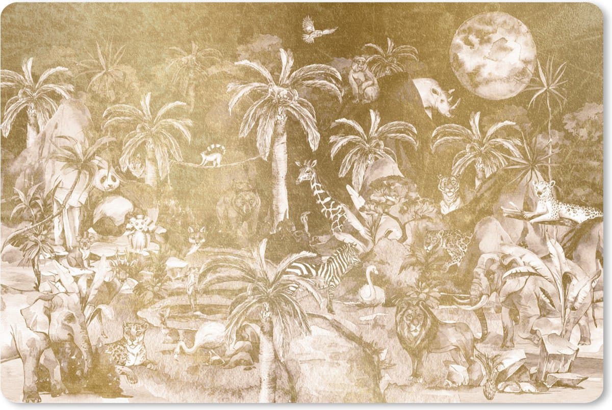 Muismat XXL 120x80 cm - Bureau onderlegger - Bureau mat Jungle - Goud - Kinderen - Planten - Dieren - Bureaumat - Gaming mousepad xl - Bureaulegger groot - Computer deskmat