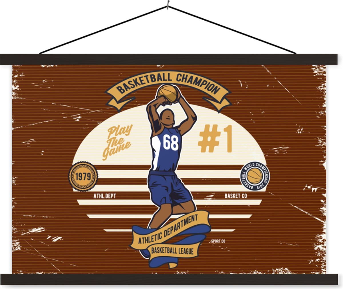 Posterhanger incl. Poster 90x60 cm - Schoolplaat - Mancave - Basketbal - Retro - Rood - Textielposter - Zwarte latten - Vaderdag cadeau - Geschenk - Cadeautje voor hem - Tip - Mannen