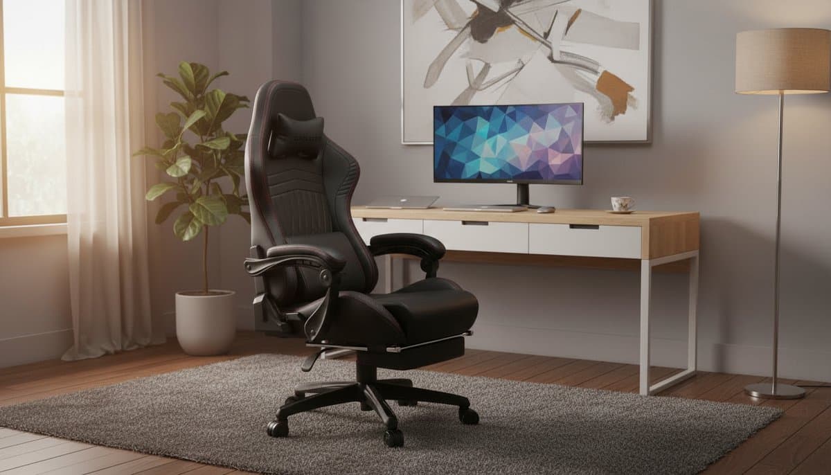 Gamingstoel Casa Velluto AudioMax Pro – Ergonomische bureaustoel met voetensteun, Bluetooth-luidsprekers, verstelbare hoofd- en lendesteun, kantelbare rugleuning, zwart-rood, belastbaar tot 150 kg