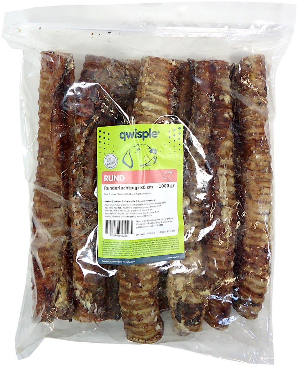 Qwisple Runderluchtpijp 30 cm - Hondensnacks Gedroogd Rund - 1000 gr