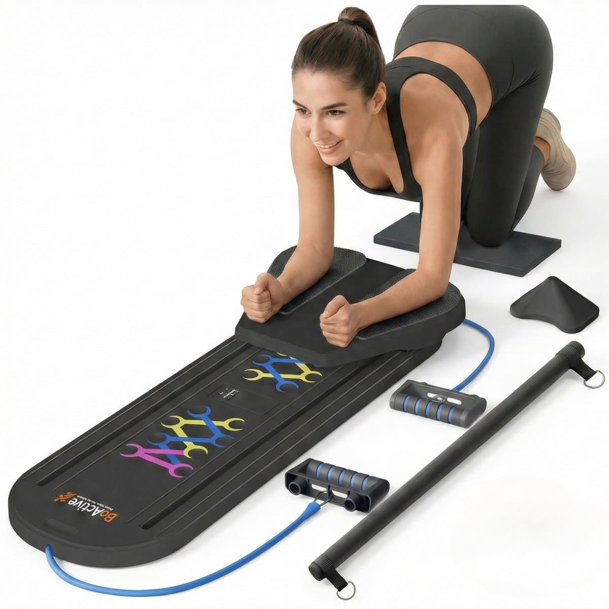 BoActive® Pilates Board Pro met Weerstandsbanden, Bar & Timer - Pilates Reformer - Reformer Board - Buikspiertrainer - Opvouwbare Pilates Set - 8 in 1 Board - Home Workout - Multi-functioneel Fitness Board - Zwart