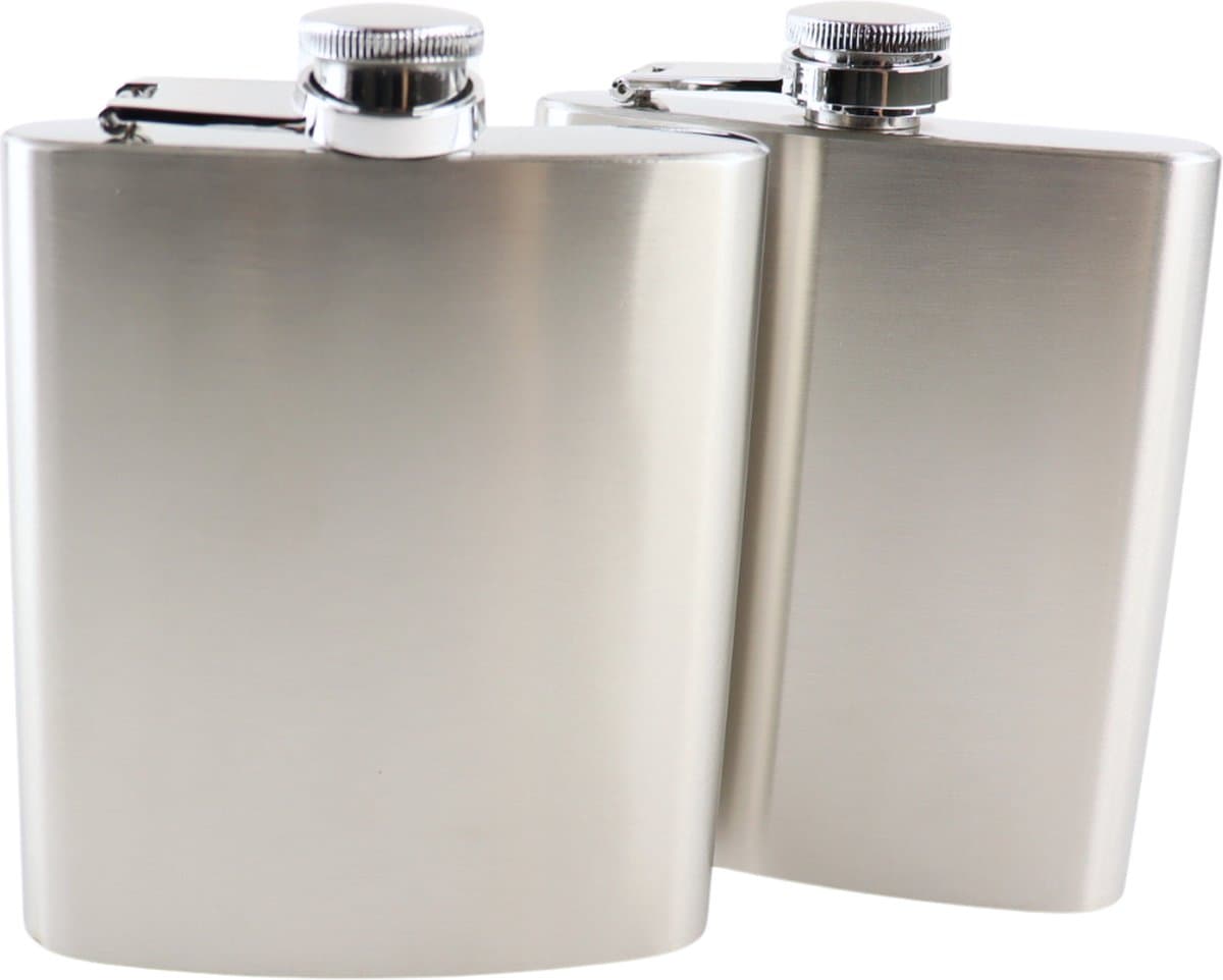 HIXA Heupfles - Zilver - 2 Stuks - Flacon - Veldfles - RVS - Drinkfles - Platvink - Kunststof Dop - 200ml - SILVY