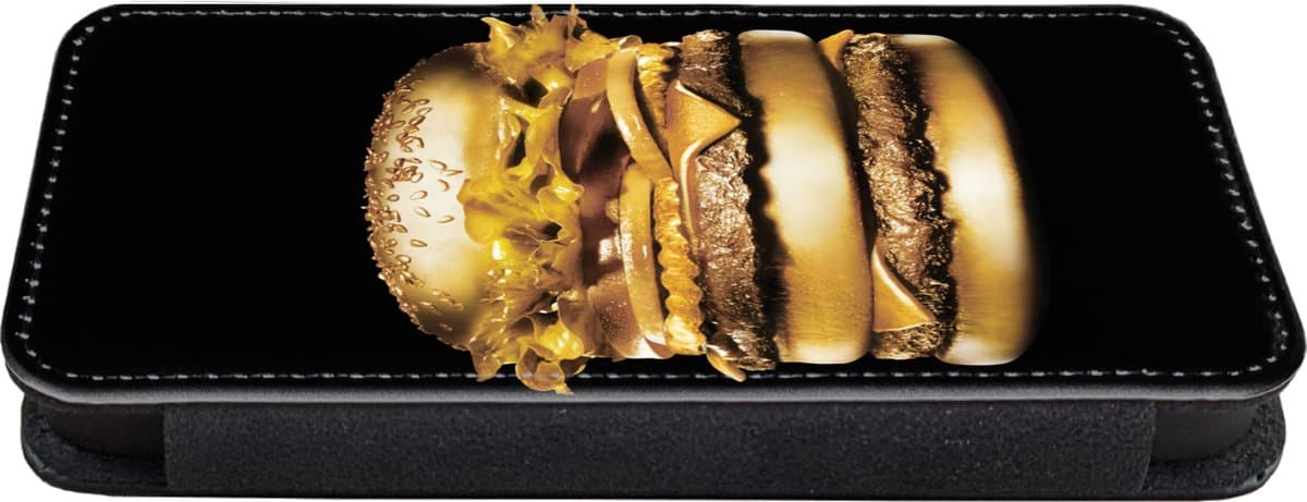 Telefoonhoesje Geschikt voor iPhone 11 Pro telefoonhoesje - Gouden hamburger op een zwarte achtergrond. - Met vakjes - Wallet case met magneetsluiting