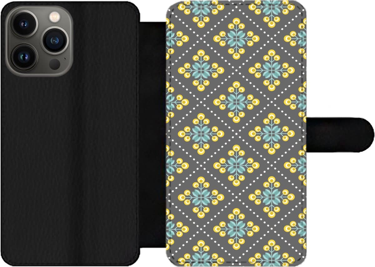 Telefoonhoesje Geschikt voor iPhone 13 Pro Max telefoonhoesje - Design - Ruit - Bloemen - Grijs - Met vakjes - Wallet case met magneetsluiting