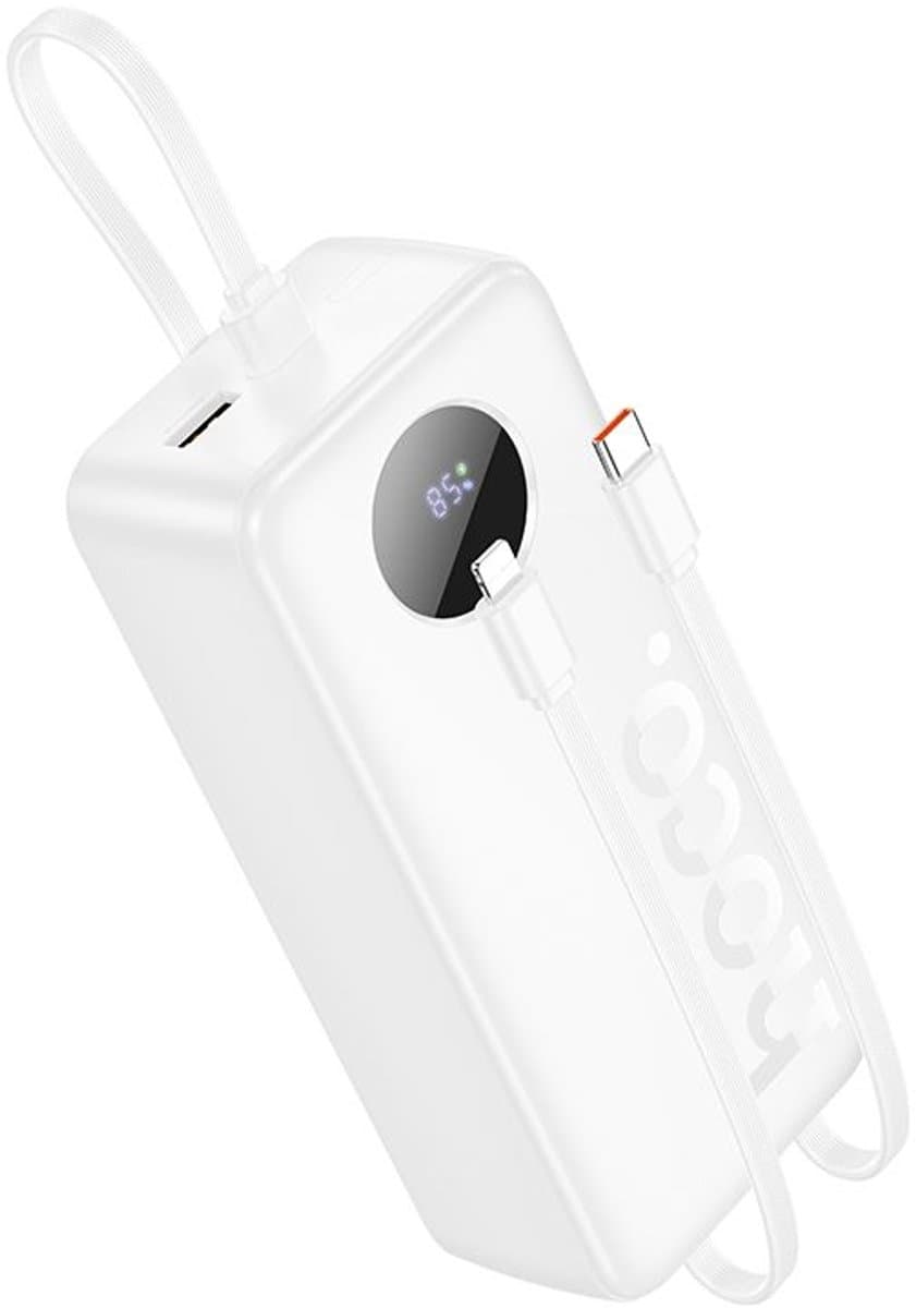Hoco Powerbank 30.000 mAh - Fast Charge - Ingebouwde USB-C & Lightning Kabel - 22.5W Snellader - Digitaal Display - Universeel voor alle soorten smartphones & tablets - Wit