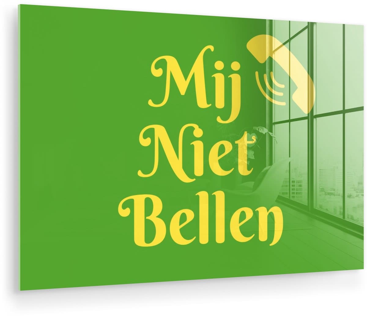 MuchoWow® Glasschilderij 150x100 cm - Schilderij acrylglas - Mij niet bellen - Telefoon - Groen - Foto op glas - Muurdecoratie woonkamer - Wanddecoratie slaapkamer - Schilderijen