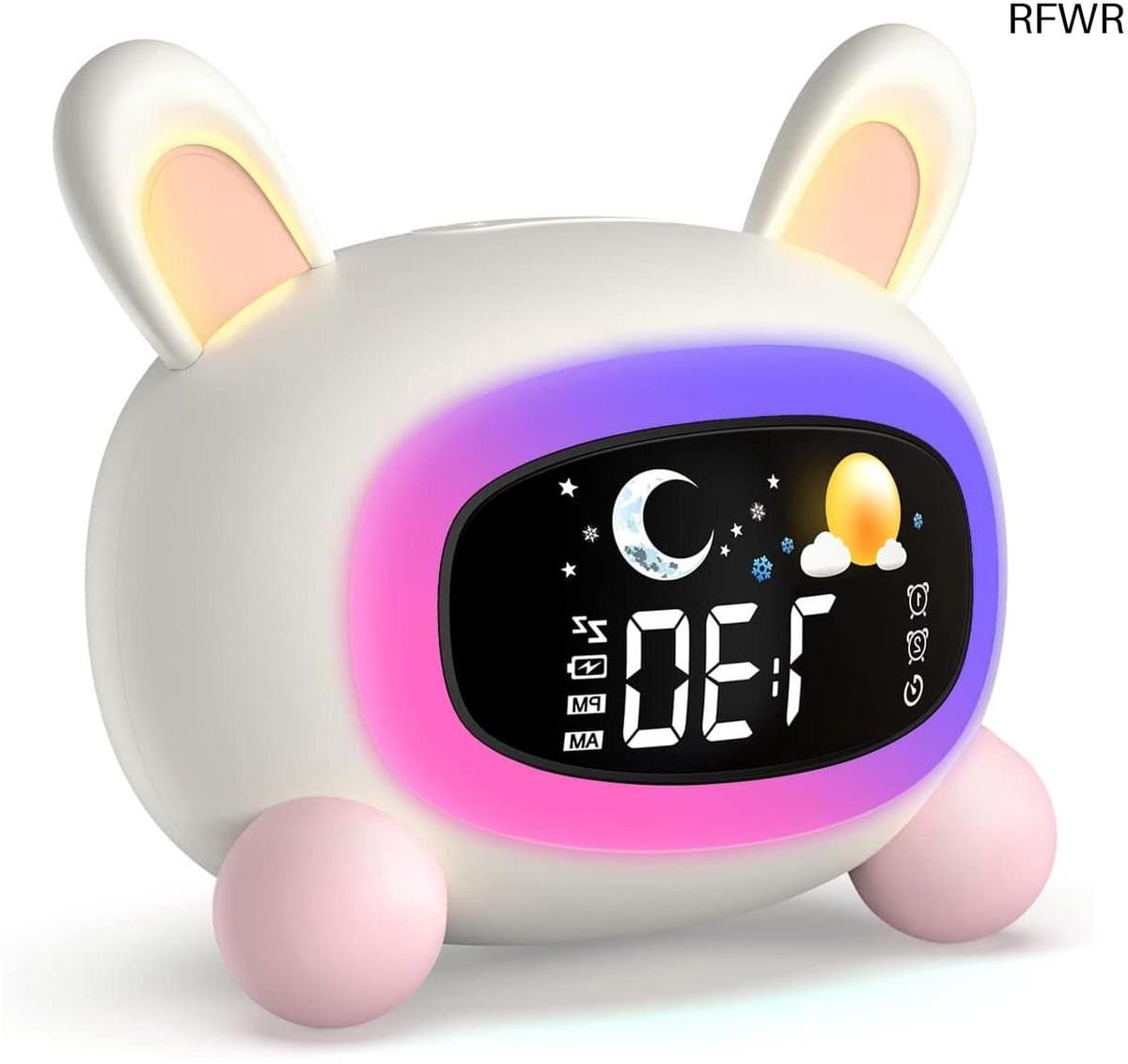 Kinderwekker - Slaaptrainer Klok - Kind Leren Klokkijken - Vrolijke Kleuren Nachtlamp - N.v.t. - Wit Roze