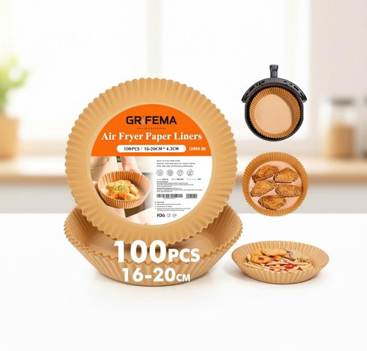 ElleMooi Heteluchtfriteuse bakpapiervellen, 100 stuks, rond, 16-20 cm, BPA-vrij, biologisch afbreekbaar