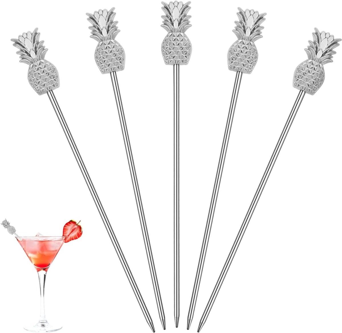 Set van 5 Metalen Cocktailprikkers met Ananas Decoratie - Zilver