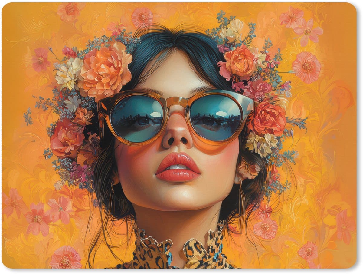 Muismat XXL 80x60 cm - Bureau onderlegger - Bureau mat Vrouw - Bloemen - Aesthetic - Oranje - Bureaumat - Gaming mousepad xl - Bureaulegger groot - Computer deskmat