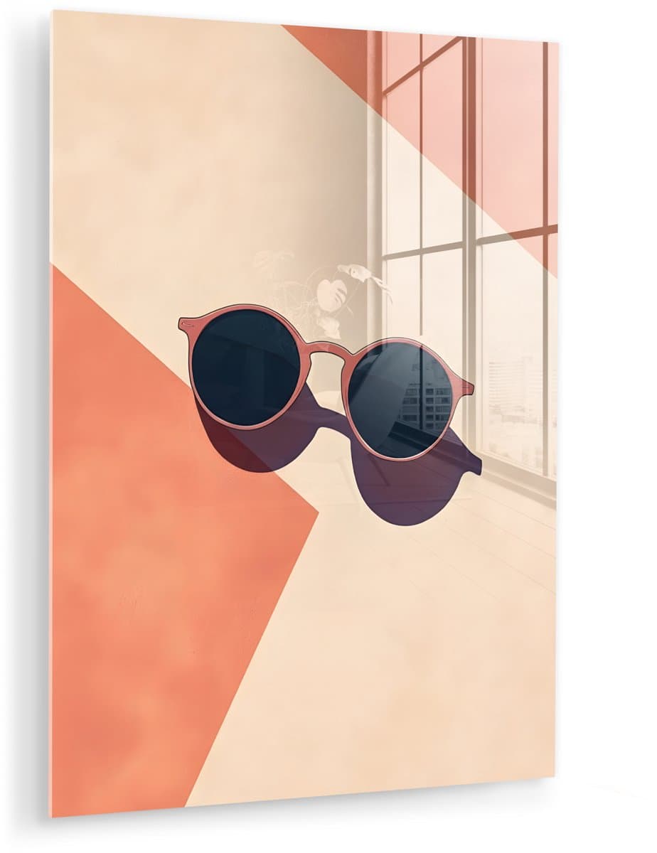 MuchoWow® Glasschilderij 30x40 cm - Schilderij acrylglas - Zonnebril - Schaduw - Oranje - Minimalistisch - Foto op glas - Muurdecoratie woonkamer - Wanddecoratie slaapkamer - Schilderijen