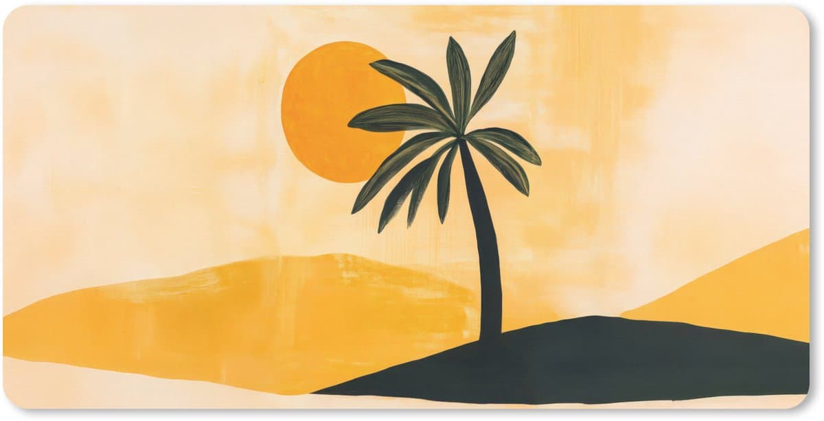 Muismat XXL 80x40 cm - Bureau onderlegger - Bureau mat Illustratie - Palmboom - Zon - Heuvels - Bureaumat - Gaming mousepad xl - Bureaulegger groot - Computer deskmat