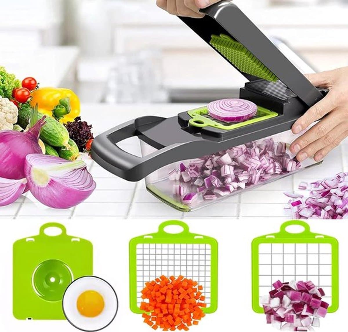 SEVENMOON® Multifunctionele 16 in 1 Groente- en Fruitsnijder – Multifunctionele Chopper, Dicer, Rasp & Mandoline met Opvangbak – Ideaal voor Salades, Uien & Meer"