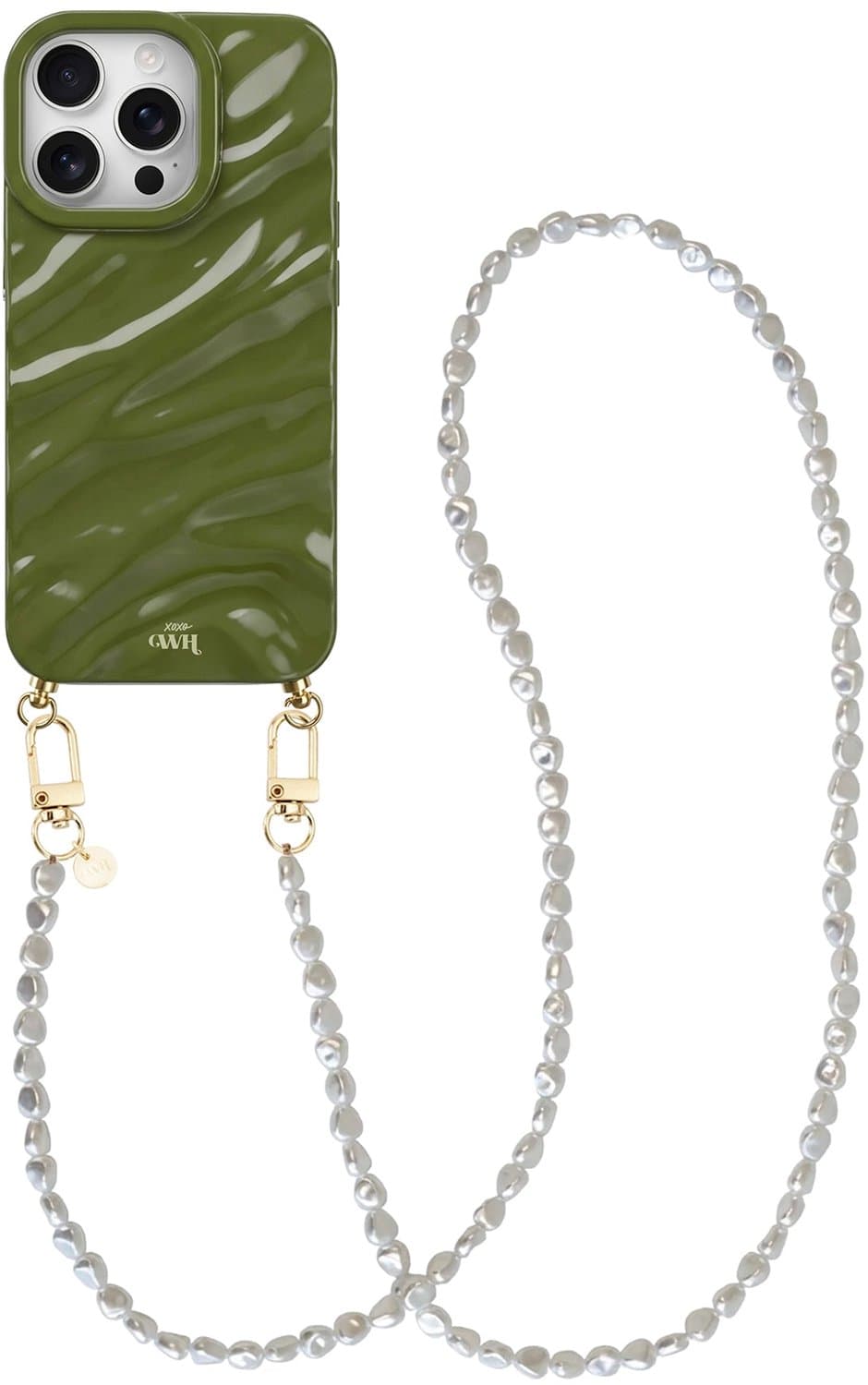 xoxo Wildhearts Glaze Cord Case Groen - Geschikt voor iPhone 14 Pro Max - Pearlfection - Lang koord - Glimmend siliconen telefoonhoesje met plooien - Dream hoesje met koord - Parelketting - Telefoonkoord