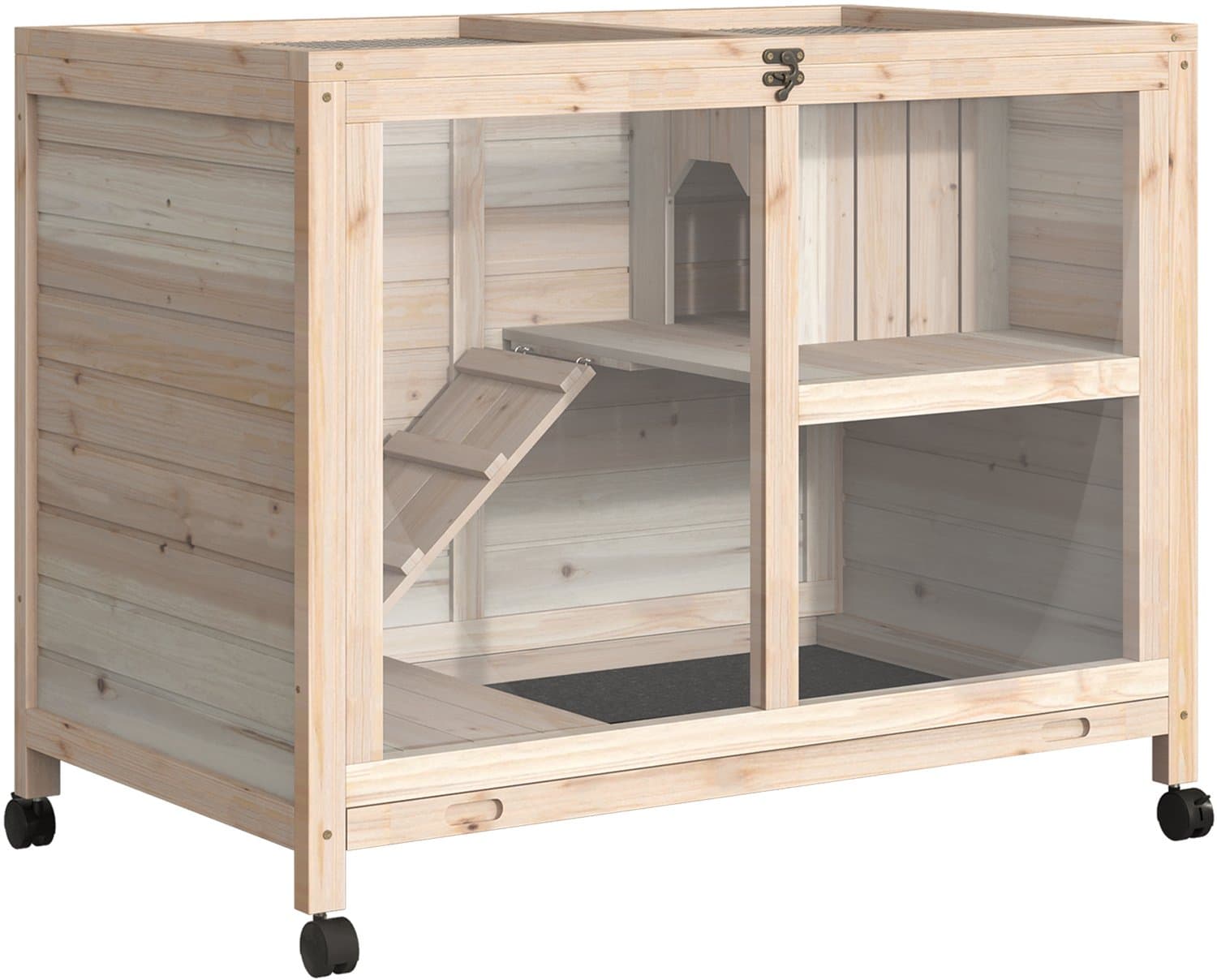 Pawona Kleintierkooi met 2 verdiepingen - Met wielen en opklapbaar dak - Tannenholz - 91,5 x 53,5 x 73 cm - Natuur