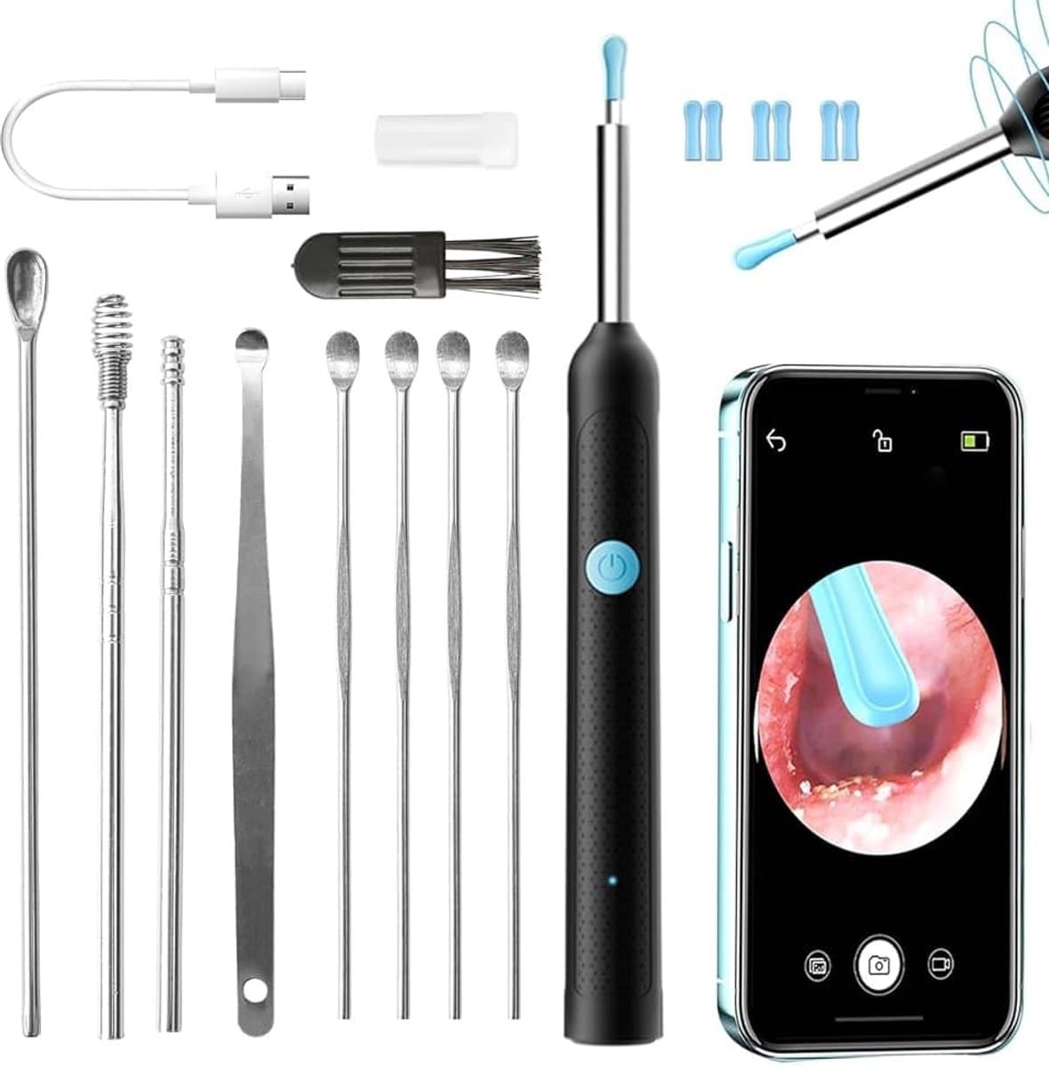 Oor 1080P HD Camera Endoscoop Koptelefoon 3,5mm IP67 Waterdicht Reinigend Oor met 6 Lichten LED Oplaadbare WIFI Oorreiniging Aangepast aan Smartphone Tablet voor IOS Android