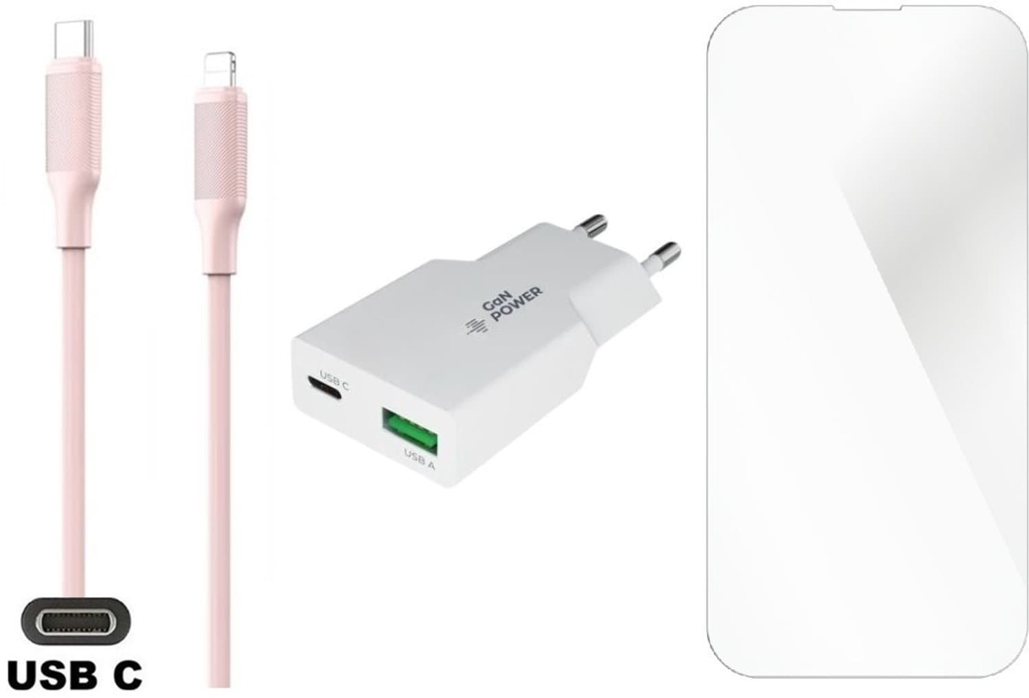 20W snellader met 2 poorten en screenprotector + 1,0m USB C naar Lightning kabel. Universele PD PPS lader. GaN oplader adapter. Glazen screenprotector past op Apple iPhone 12 Pro Max