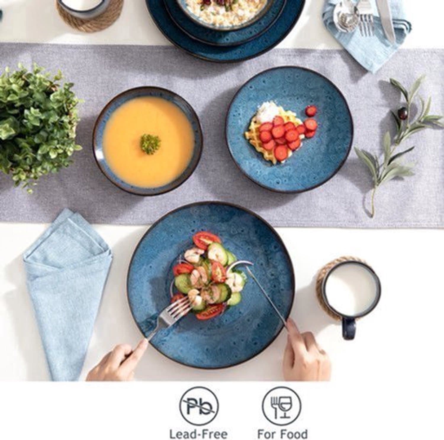 Servies - Servies set - 16 Stuk - Vintage Keramische - Met Diner/Dessertbord - Kom - Koffie Cups - Blauw Steengoed