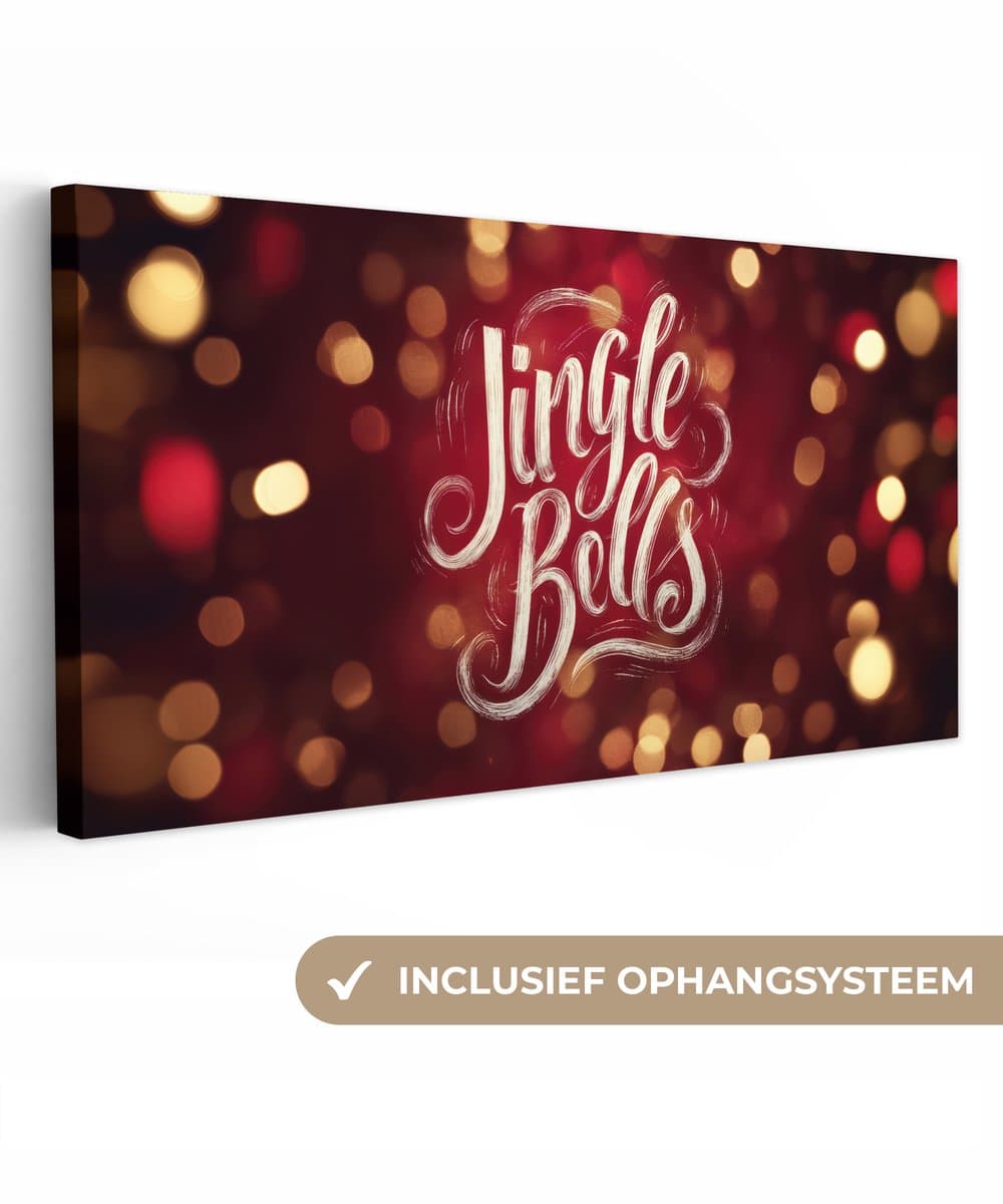Canvas schilderij 100x50 cm - Exclusieve wanddecoratie Jingle - Bells - Kerst - Rood - Muurdecoratie woonkamer - Kamer decoratie - Schilderijen op canvas - Kerstdecoratie voor binnen - Kerstversiering - Kerstmis versiering