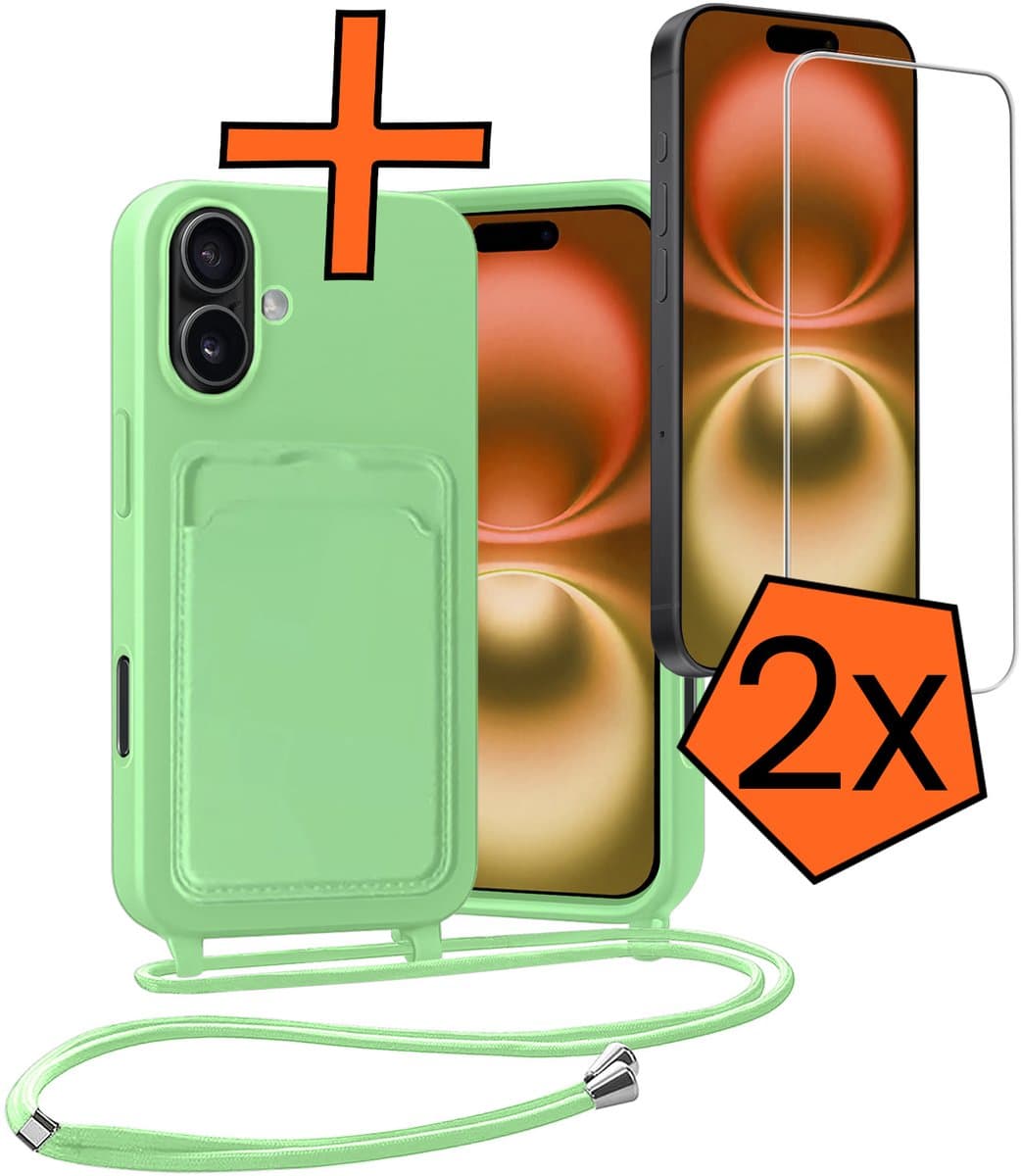 Hoesje Geschikt voor iPhone 16 Hoesje Met Telefoonketting Pasjeshouder Case Met 2x Screenprotector Koord - Hoesje Geschikt voor iPhone 16 Hoes Met Kaarthouder - Groen