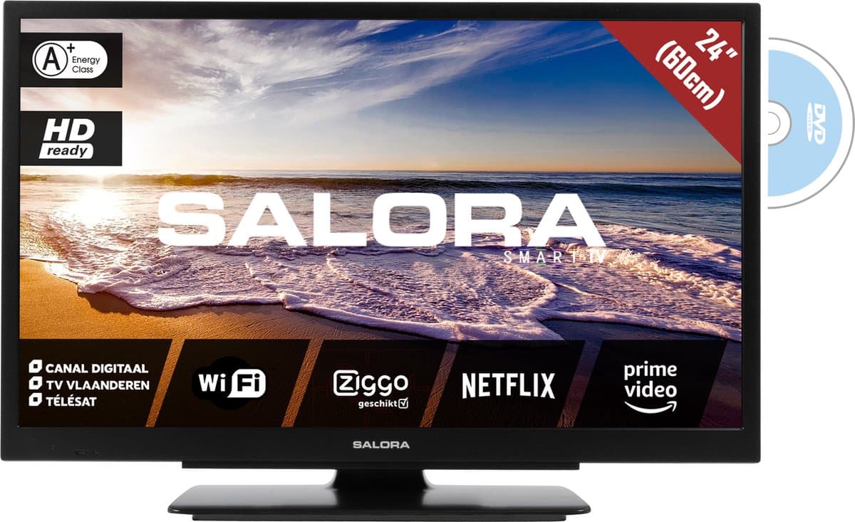 Salora 24LED9109CTS2DVDWIFI - 24 inch (60cm) TV, 12Volt/230Volt, 100Hz HD ready LED Televisie, WiFI, DVD Speler voor caravan en camper