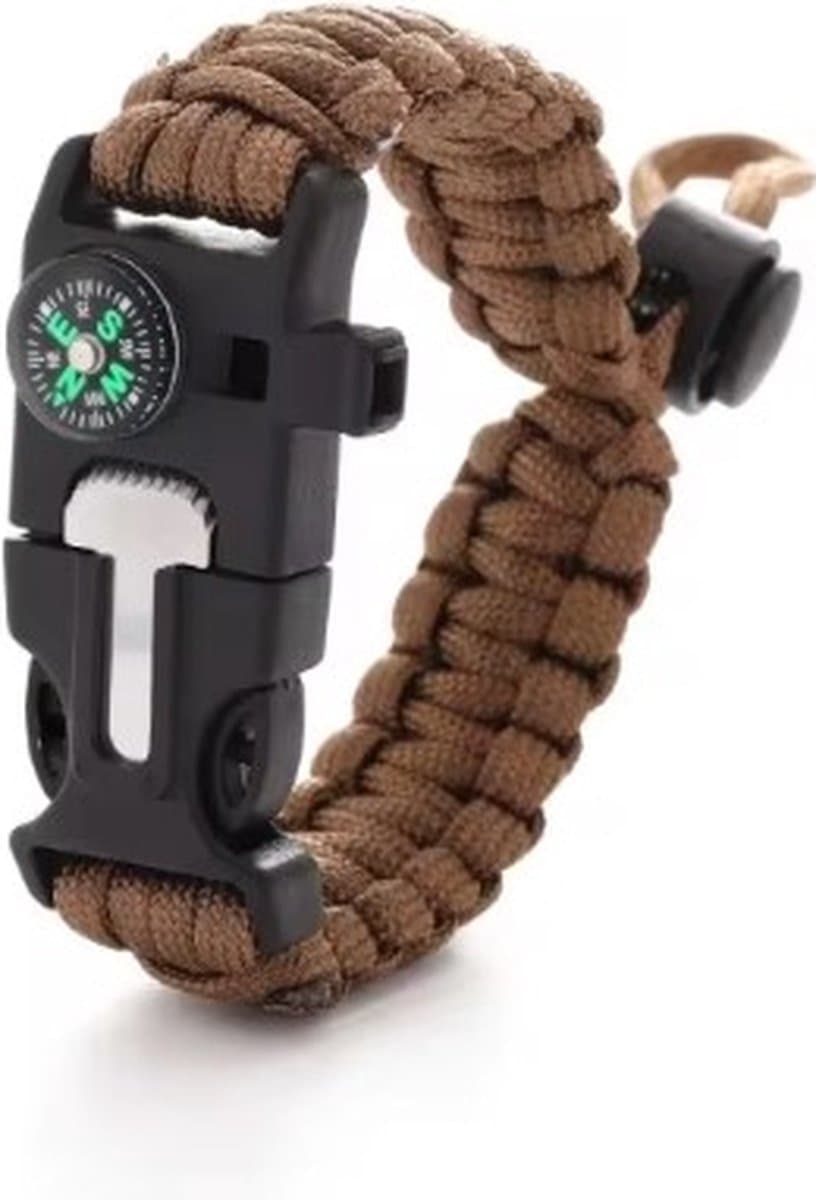 Finnacle - Survival-Armband - Paracorn - Armband met kompas - Kampeer armband - 5-in-1 - Magnesium stick - Kompas - Paracord - Bruin - One size