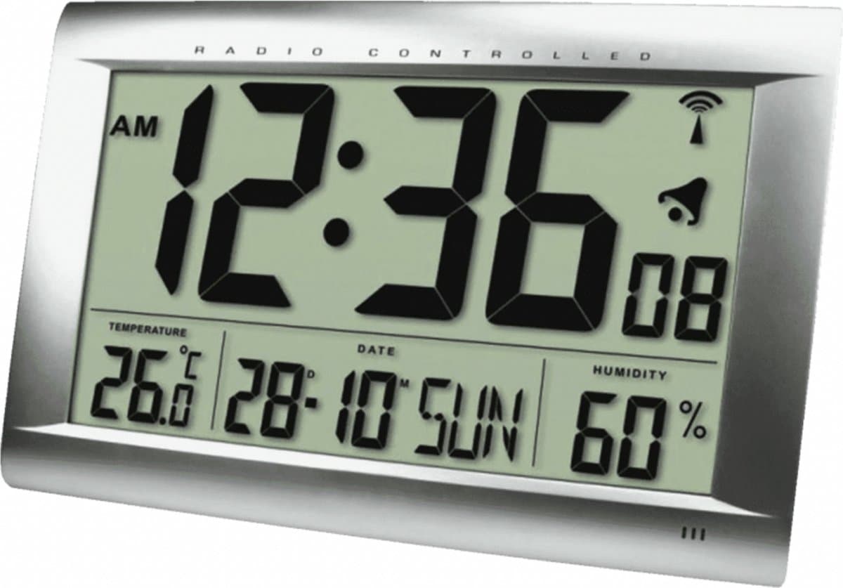 Technoline WS 8009 - Wandklok - Tafelklok - Rechthoek - Radiogestuurde tijdsaanduiding - 12/24H - Datumaanduiding - Alarm - Binnentemperatuur - Vochtigheid - Zilverkelurig - 407 x 43 x 270 m