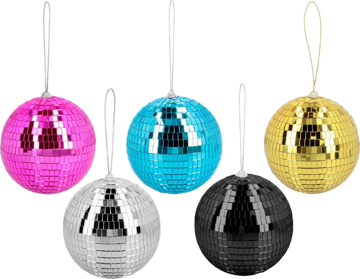 Disco spiegelballen set 5x stuks - mix kleuren - Dia 15 cm - Seventies/eighties thema versiering