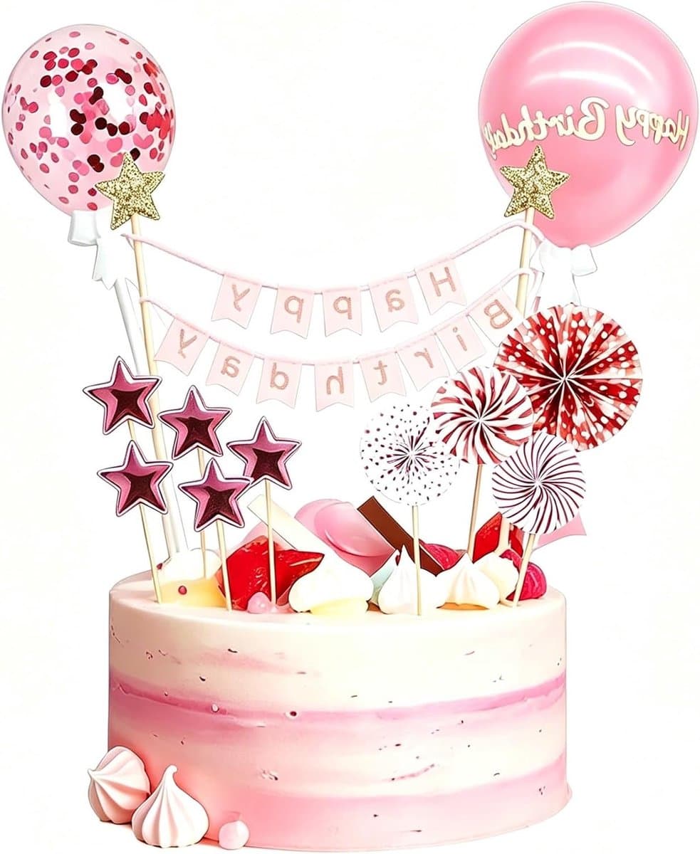 12 Stuks Glitter Roze Taartdecoratie voor Verjaardag, Taarttoppers en Cupcake Feestversiering voor Meisjes en Dames