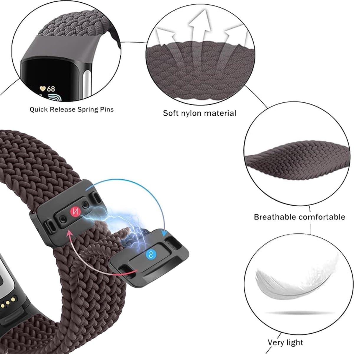 Verstelbare Nylon Horlogeband voor Fitbit Charge 5 en 6 - Magnetische Rekbare Stof, Comfortabele Polsband voor Fitness Tracker, Geschikt voor Dames en Heren