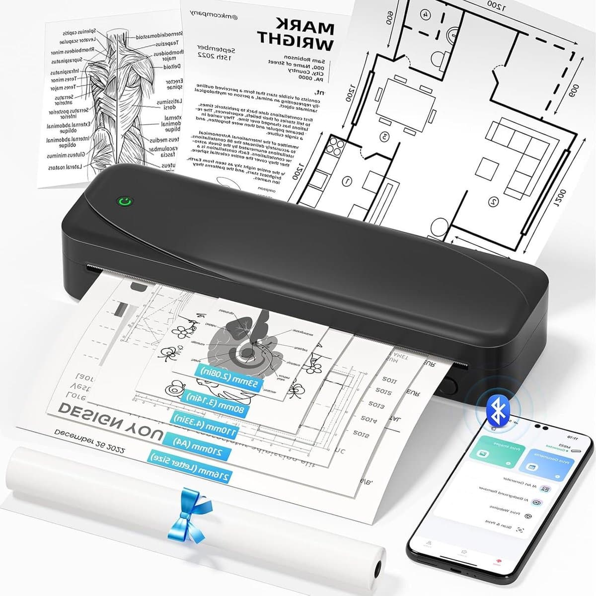 Draagbare Thermische Printer - Inktloze Printer Mobiel - Documenten Printen Onderweg - 304 DPI Hoge Resolutie - A4 formaat - Zwart