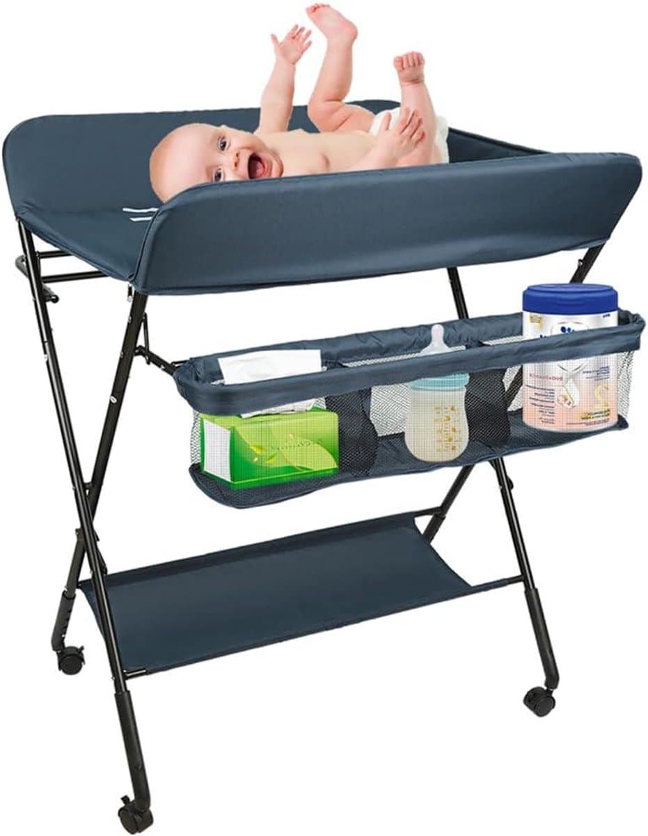 Baby commode - Luier tafel - Baby verzorgen - Inklapbaar en mobiel - 80 x 66 x 98 cm - Donkerblauw