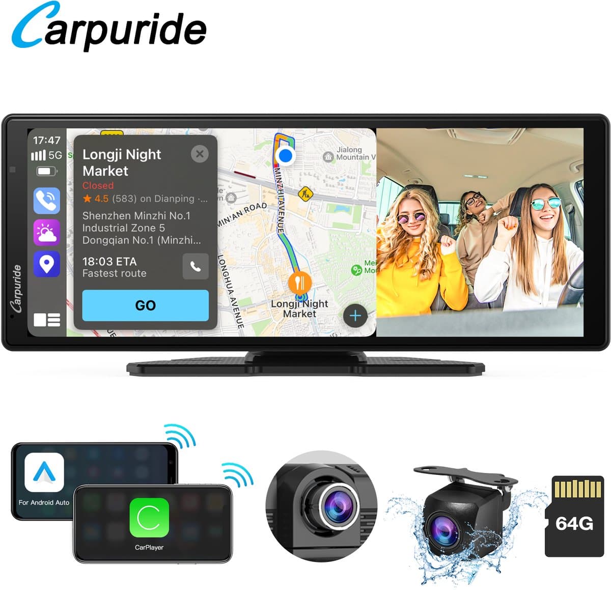 Carpuride W903 - Draagbaar CarPlay-scherm - dashcam-scherm HD IPS 9,3 - 4K-camera voor en achter - draadloze CarPlay en Android Auto - lusopname - Bluetooth - Mirror Link