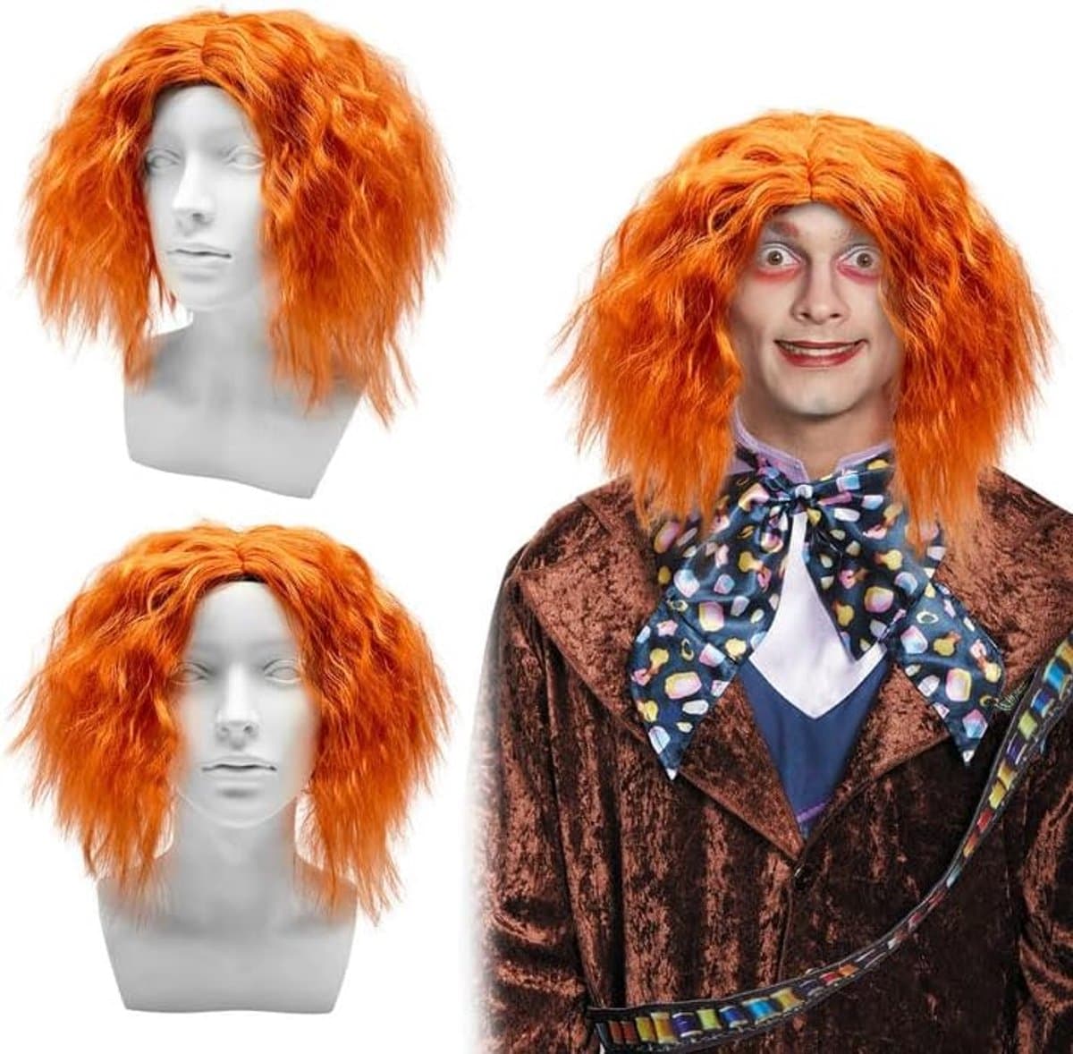 Gekke Hoedmakerpruik Oranje Heren-Hoed en Pruik Kostuum, 70s 80s Stijl voor Feest, Cosplay, Halloween, Carnaval