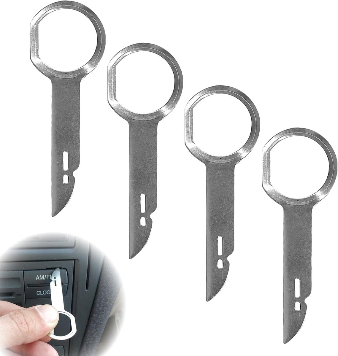 4-delige auto radio sleutelset, universele demontagetools voor autoradio, robuust roestvrij staal, stereo verwijderingssleutels, eenvoudig te gebruiken.