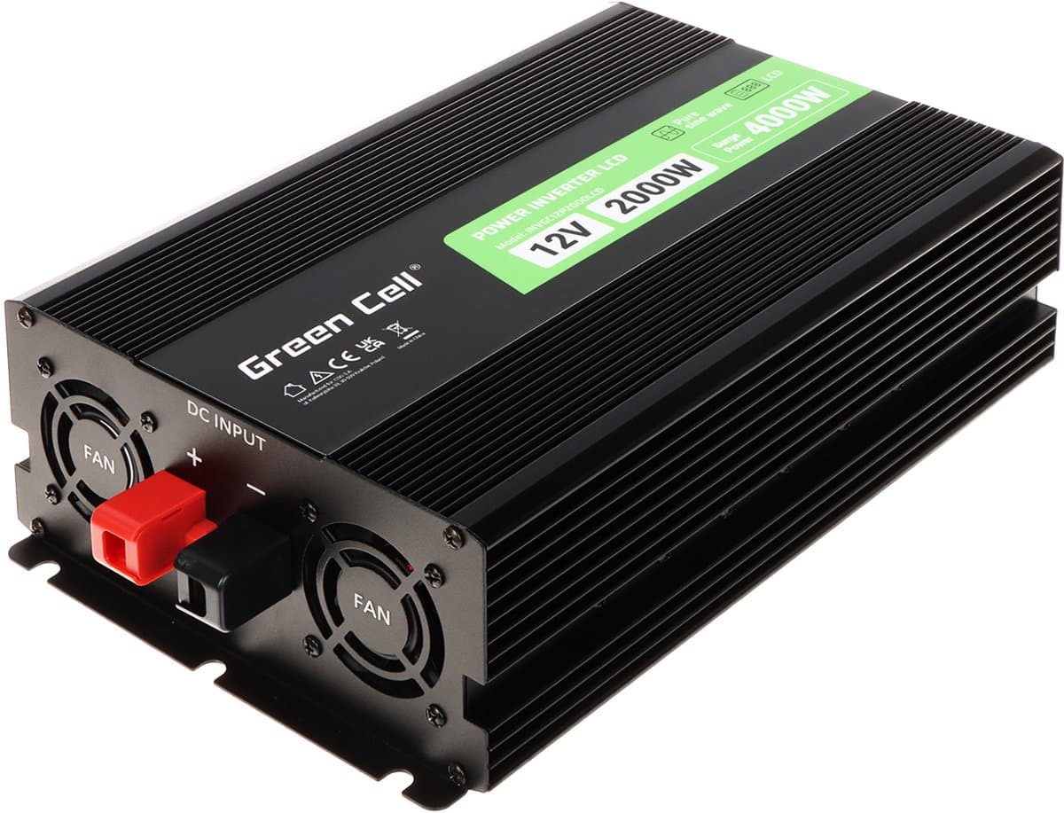 Green Cell Przetwornica napicia PowerInverter LCD 12 V 2000W/40000W Przetwornica samochodowa z wywietlaczem - czysty sinus netvoeding & inverter Auto Zwart