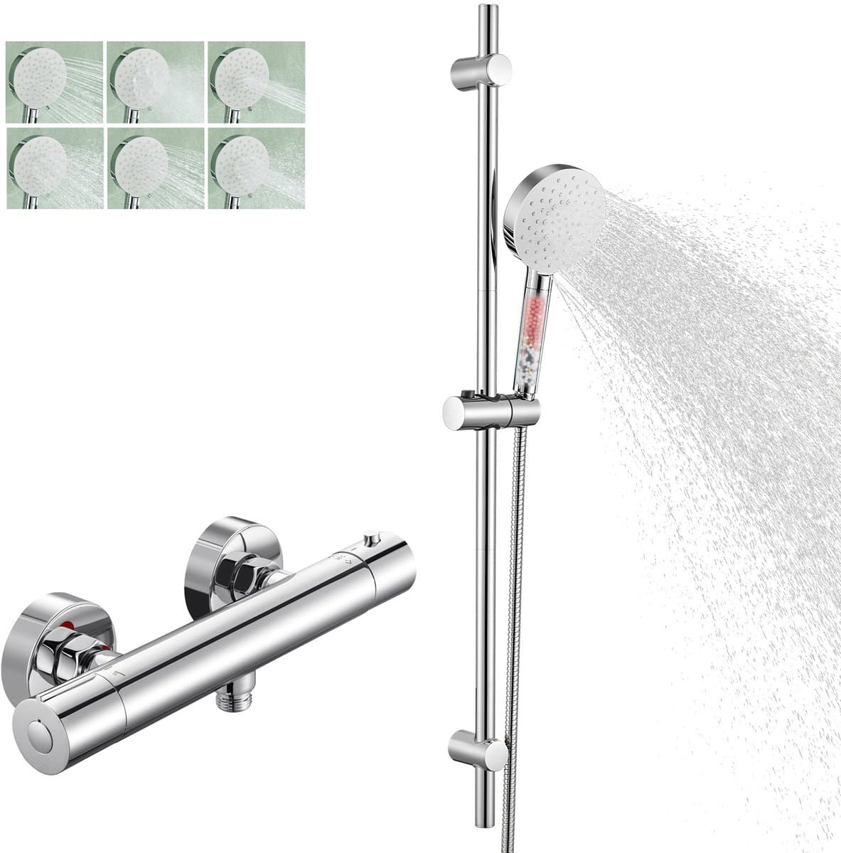 Auralum Max Thermostaatkraan met Glijstang - 90 cm Glijstang Doucheset - 38 °C Veiligheidsfuncties - Douchekraan - 6 Standen Handdouche - Douchekop met 4 Filters - Hoge Druk - Anti-Kalk - Waterbesparende - Chroom&Wit