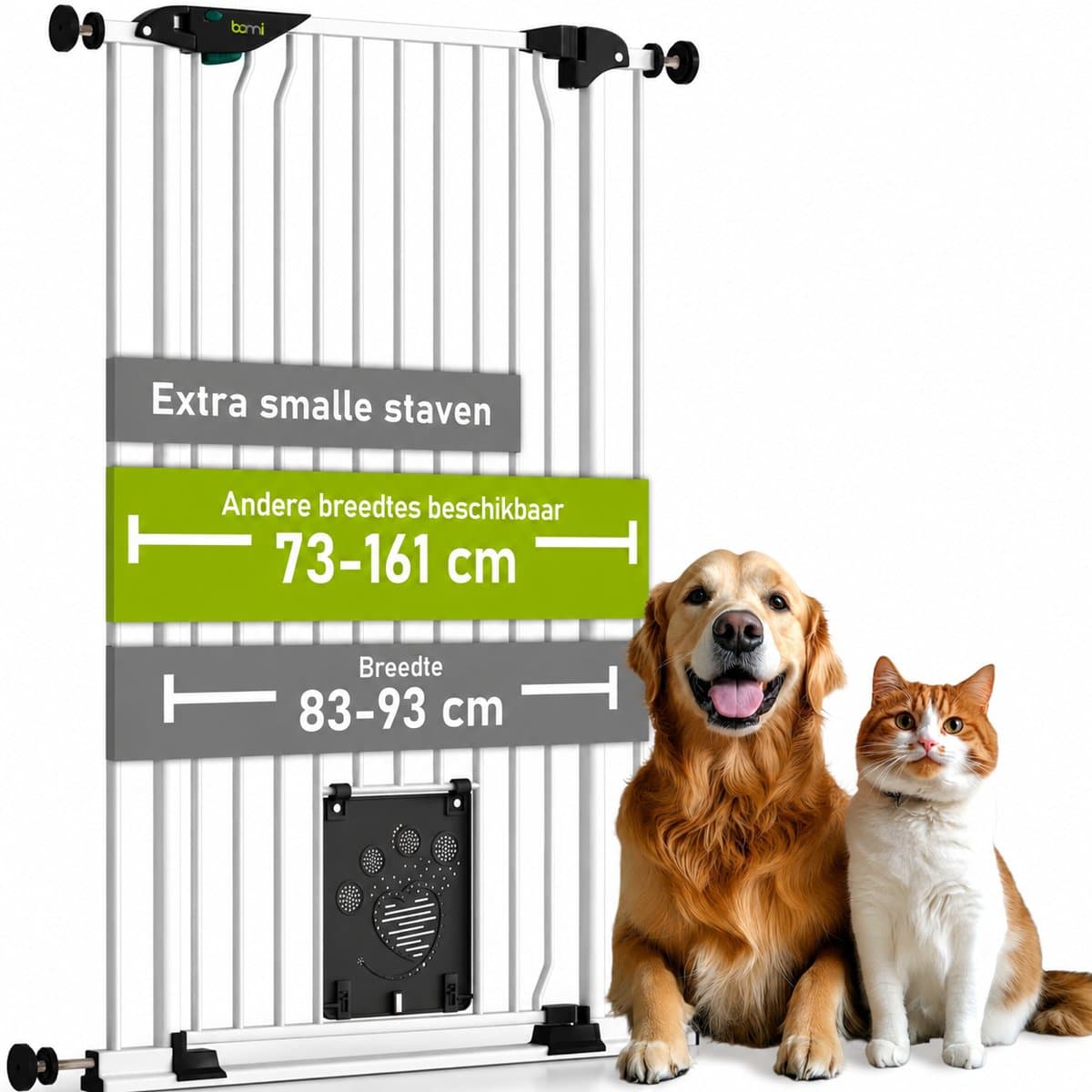 Bomi Mira Traphekje met Kattenluik Zonder Boren 83 t/m 93 cm Wit - Extra Hoog 107 cm - Hondenhekje voor Binnen - Traphekje Hond - Kattenhekje - Klembevestiging - Zelfsluitend
