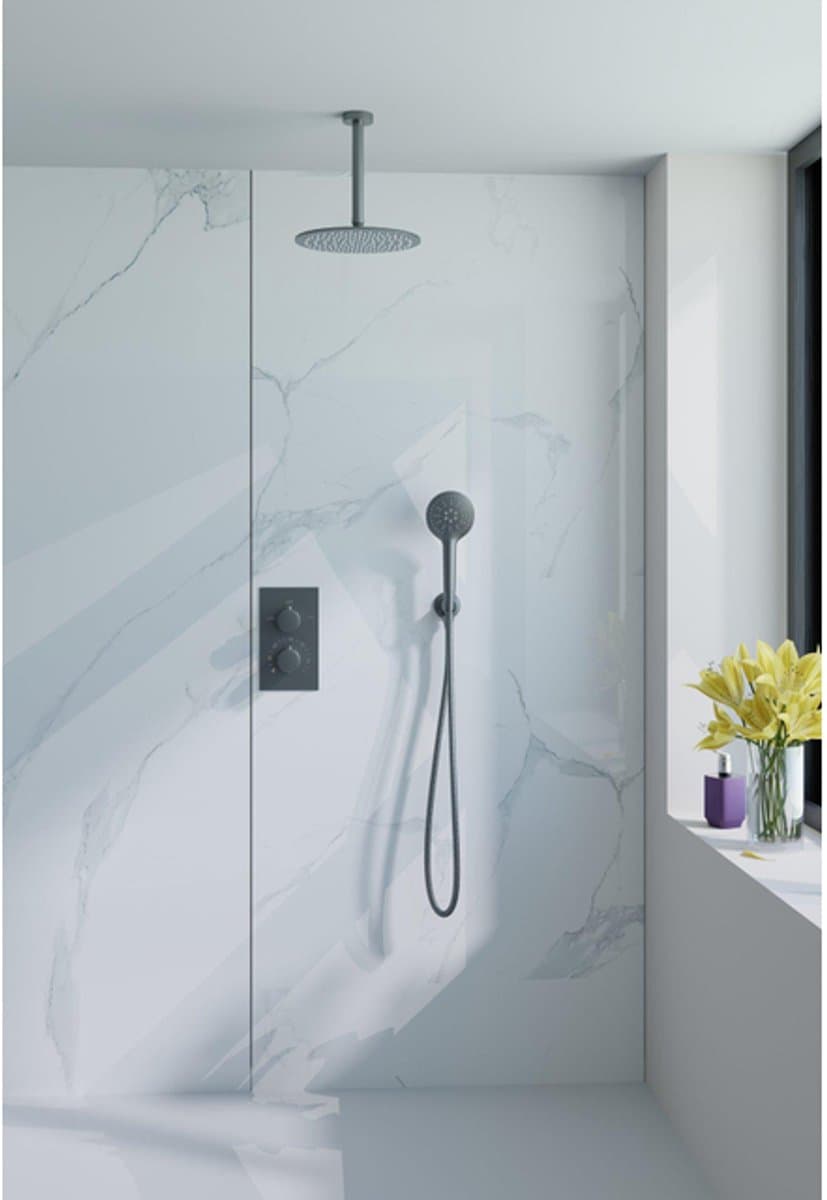 Fortifura Calvi Inbouw Regendoucheset - thermostatisch - plafondarm - 30cm hoofddouche - ronde handdouche - gladde doucheslang - Geborsteld Gunmetal PVD