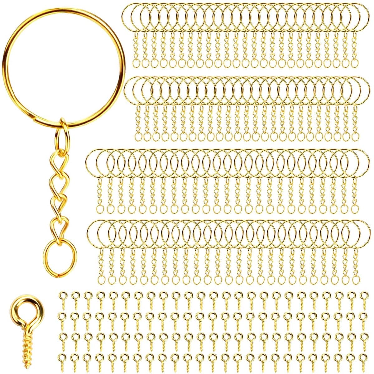 Sleutelring met ketting 200 stuks - 25 mm voor sleutels doe-het-zelf tassen sieraden maken (goud)