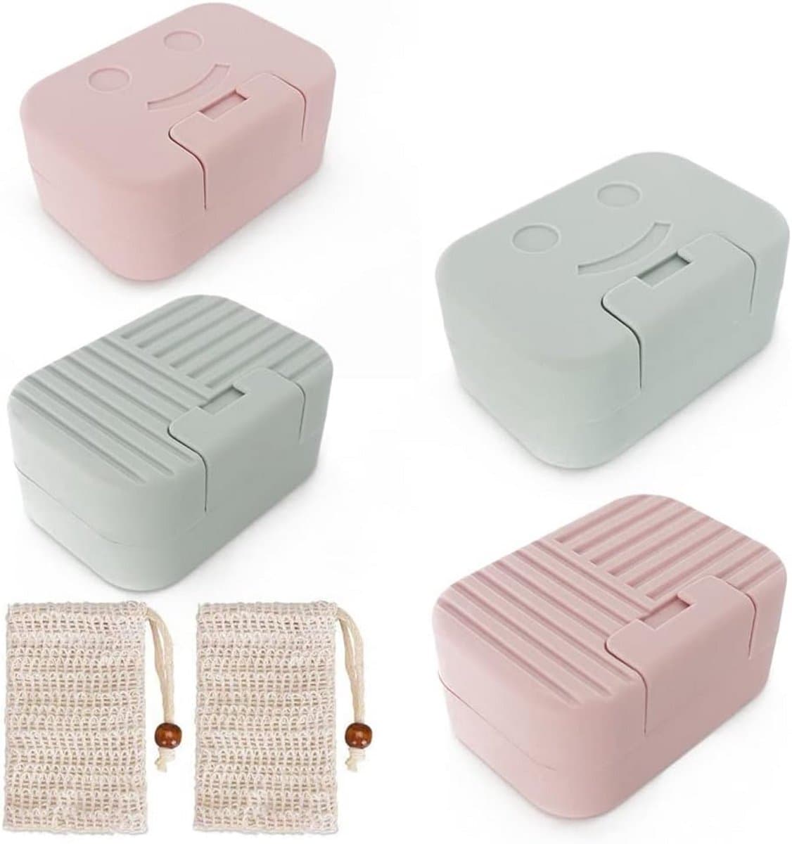 4-delige Set Zeepbakjes met Sisal Zeepzakjes - Waterdicht & Draagbaar voor Reizen en Badkamer