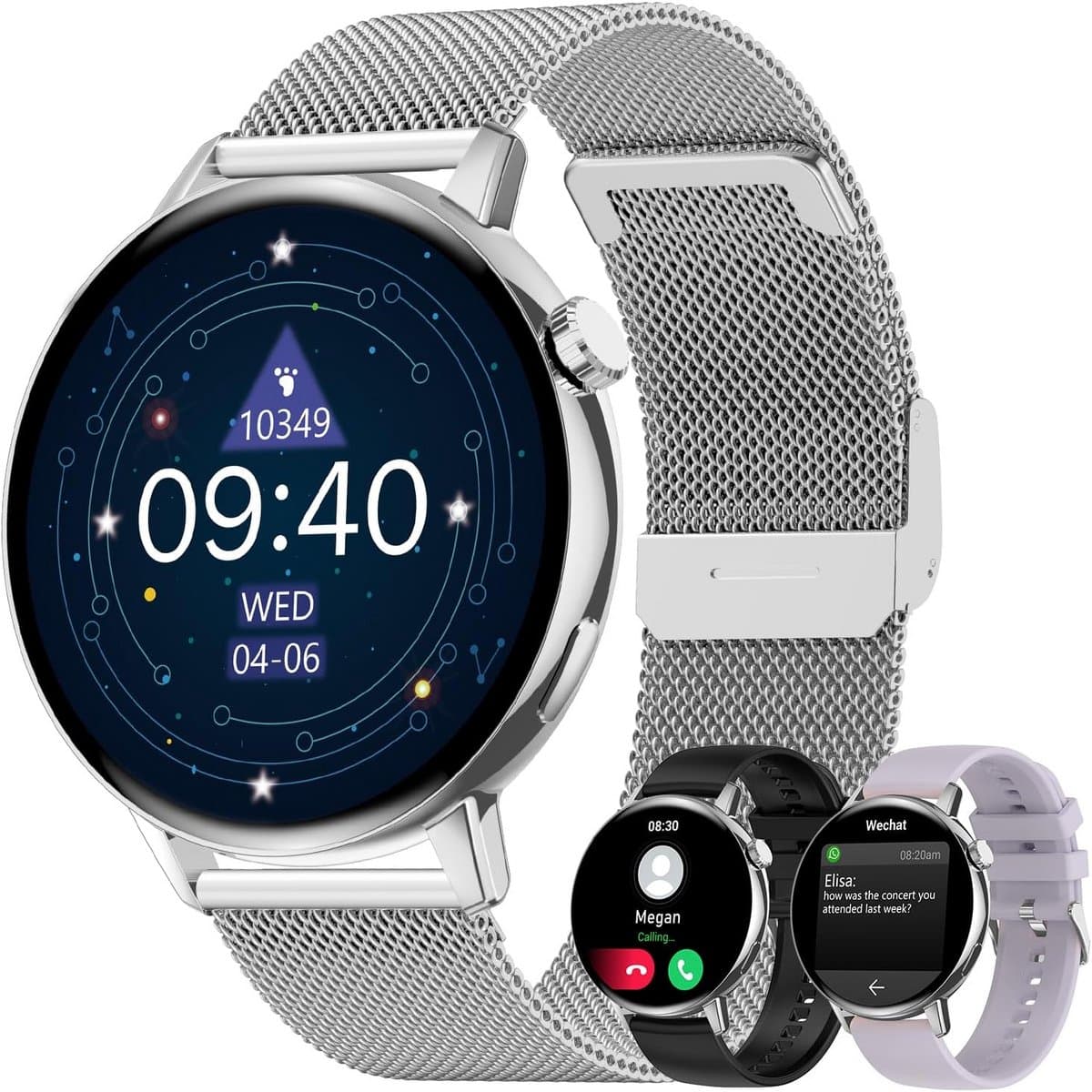 Ronde Smartwatch Dames en Heren met Fitness Tracker, Hartslagmeter & 3 Armbanden