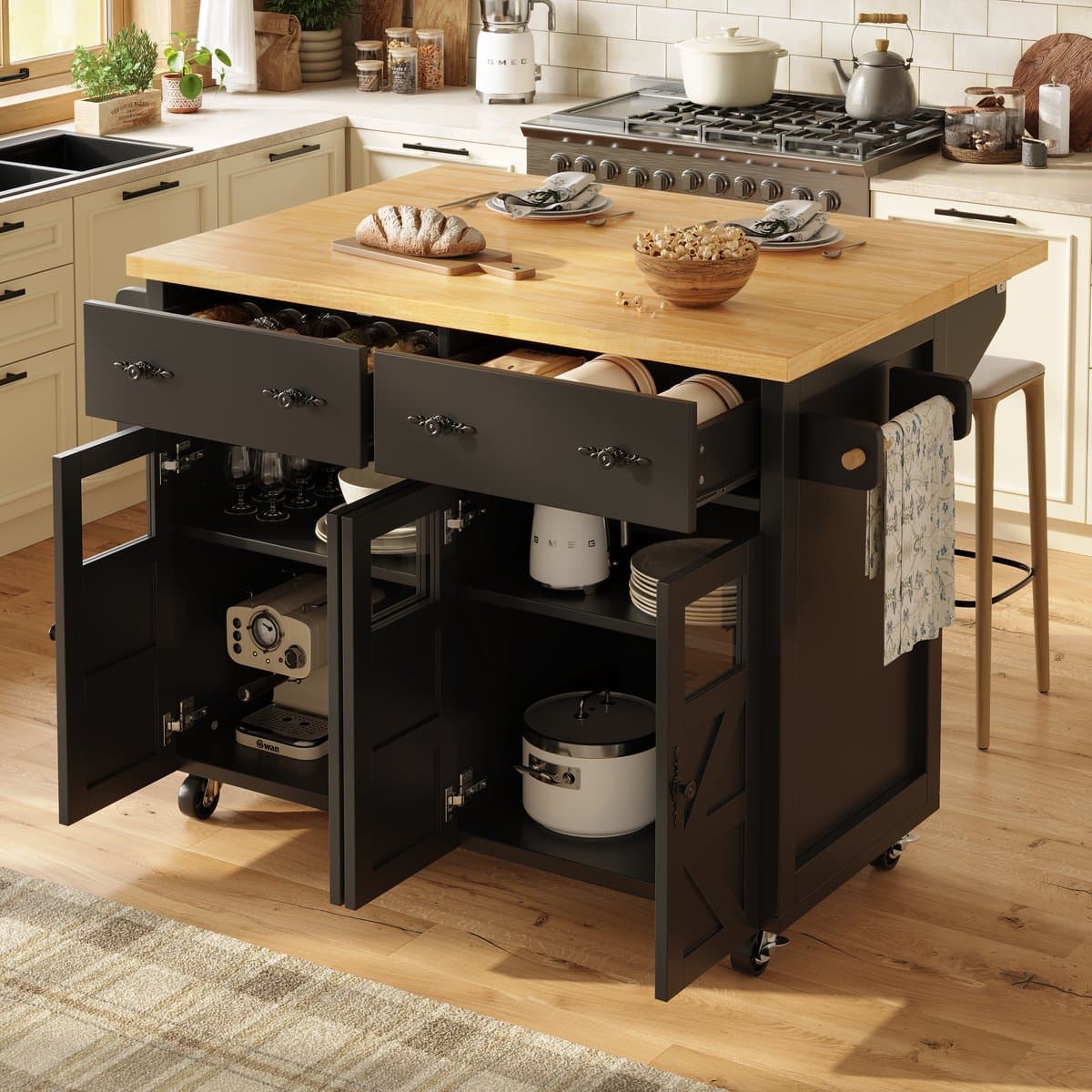 OKWISH Keukentrolley – Multifunctionele Serveerwagen 140x73x93.5 cm – 5 Rollen (2 Met Remmen) – Verstelbare Planken En Uittrekblad – Grote Lade – MDF Zwart