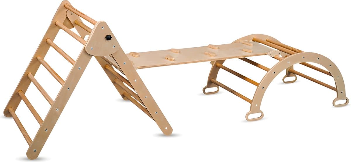 Oemmie Klimrek - Klimboog - 3-delig - Houten Klimrek - Opvouwbare Klim Driehoek - Glijbaan- Kinder klimtoren Montessori