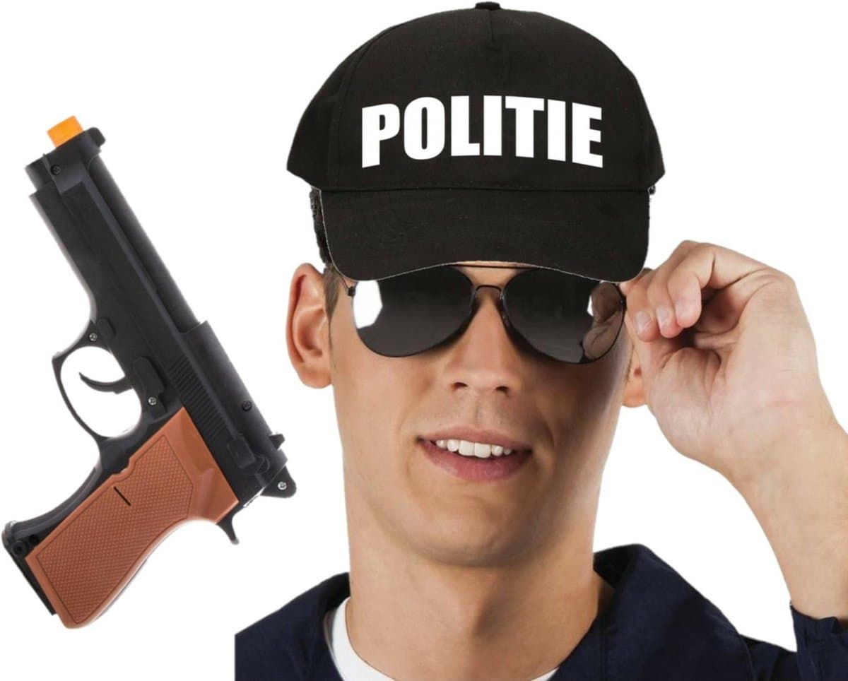 Carnaval verkleed politie agent pet/cap - zwart - pistool/zonnebril - heren/dames - accessoires