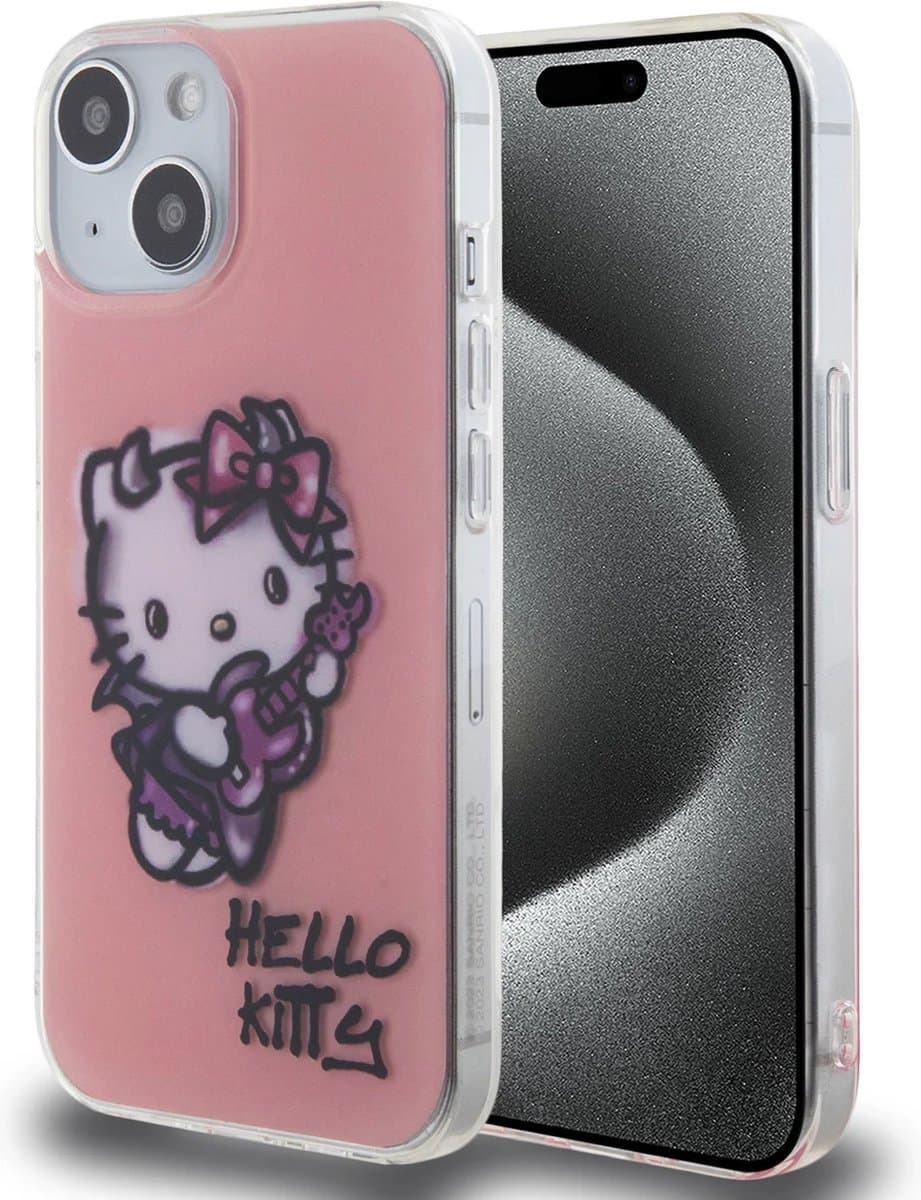 Hello Kitty iPhone 15 TPU Back Cover hoesje – Graffiti Guitar – Roze
