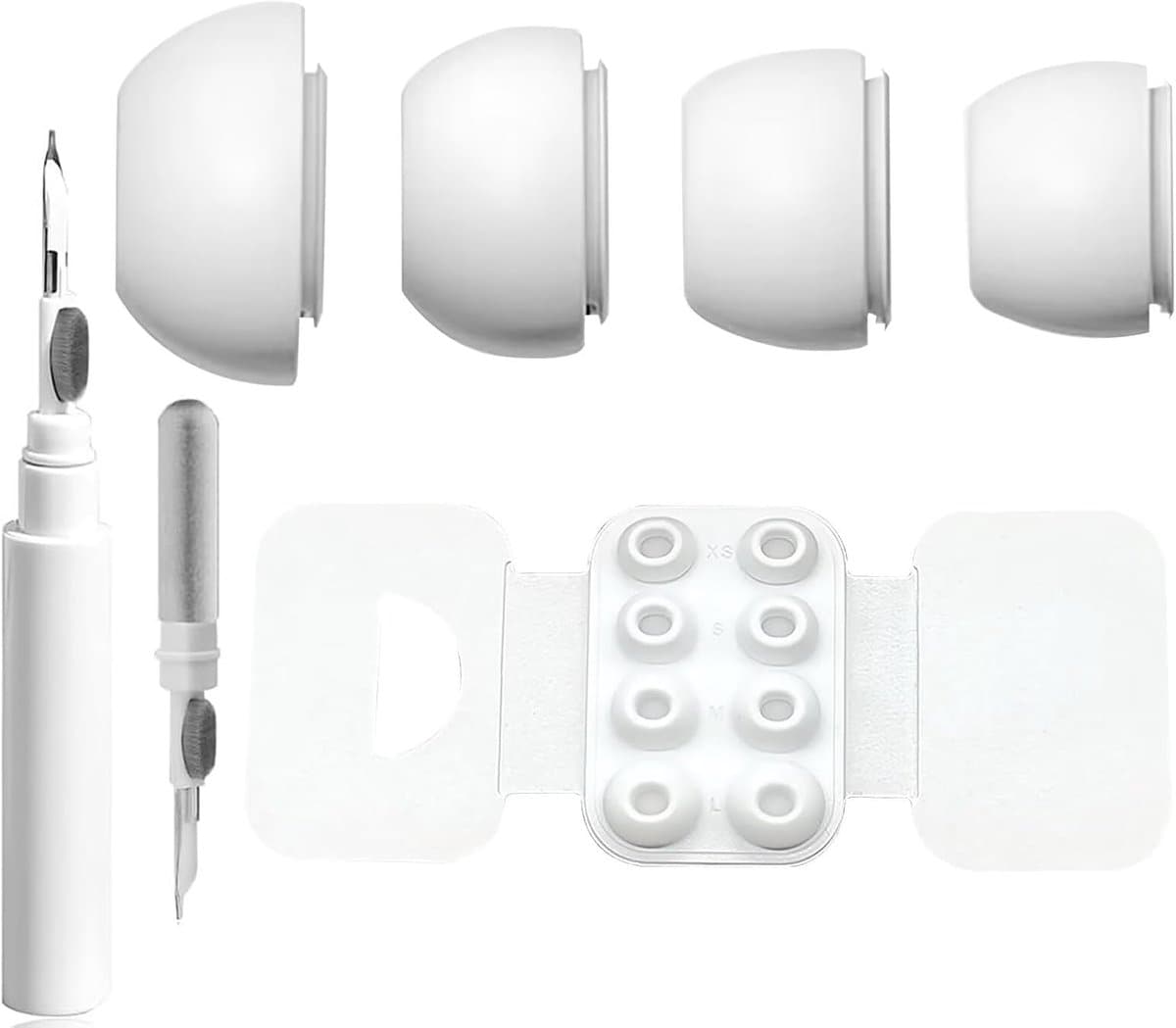 4 paar witte siliconen oordopjes voor Airpods Pro en Pro 2 - maten XS S M L + 3-in-1 reinigingspen