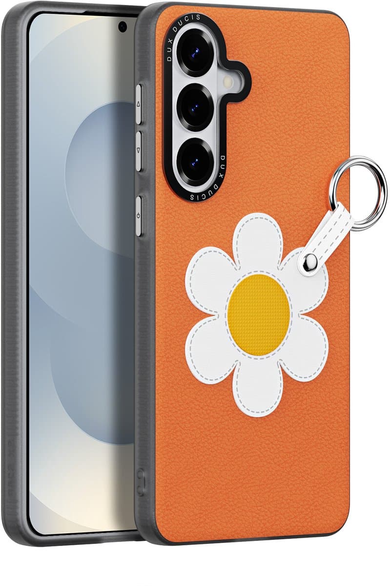 Dux Ducis Luvy Geschikt voor Samsung Galaxy S26 PU-leren backcover hoes met ringhouder - Madeliefje/Oranje