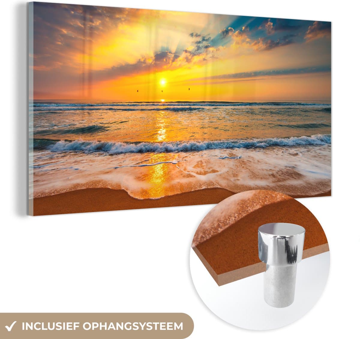 Glasschilderij - Foto op glas - Strand - Water - Zonlicht - Acrylglas - 120x60 cm - Glasschilderij strand - Schilderij glas - Glasschilderij zee - Kamer decoratie